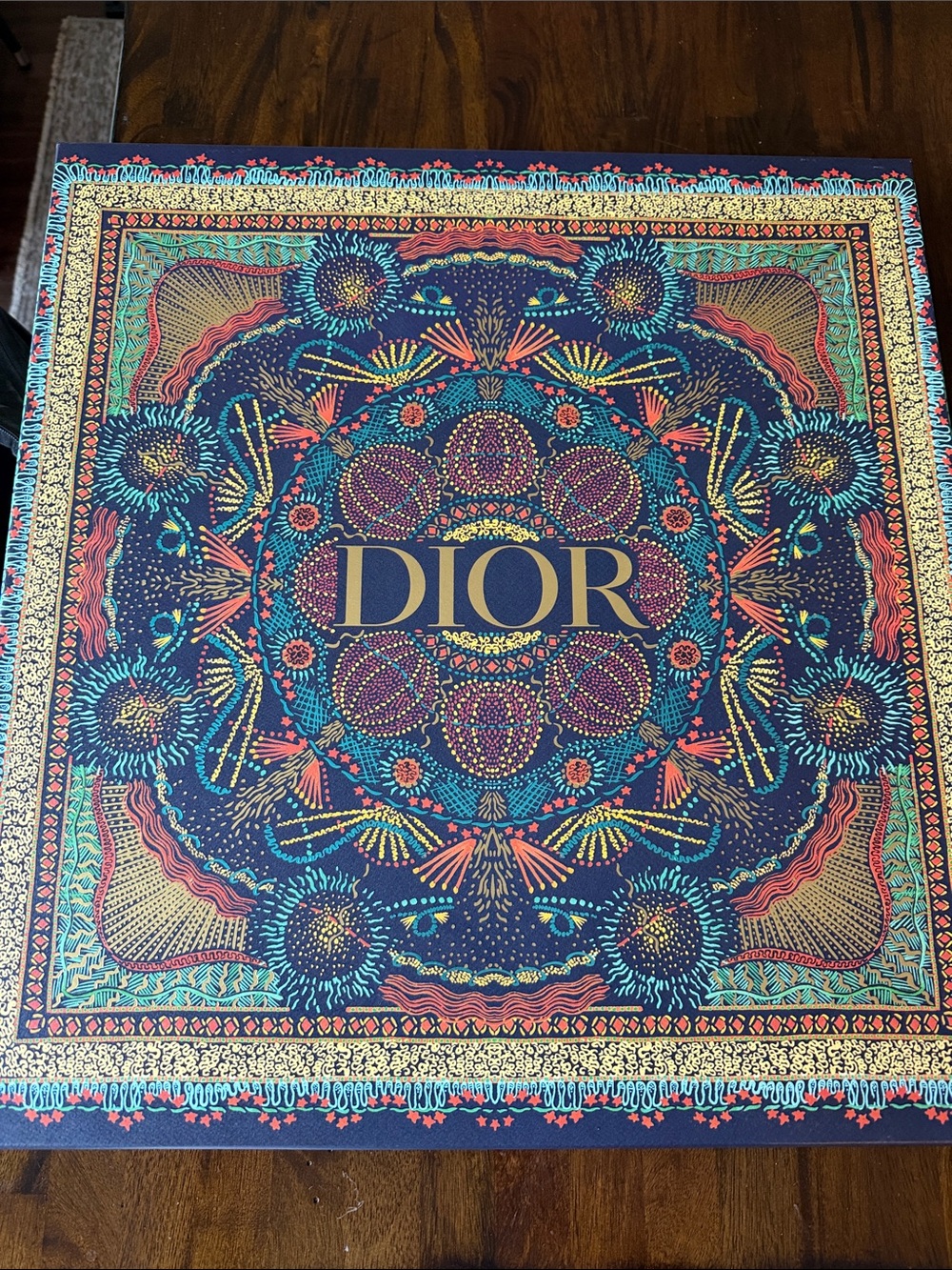 Dior Multicolor Floral Mandala Silk Scarf - Navy, Turquoise, Coral, Gold